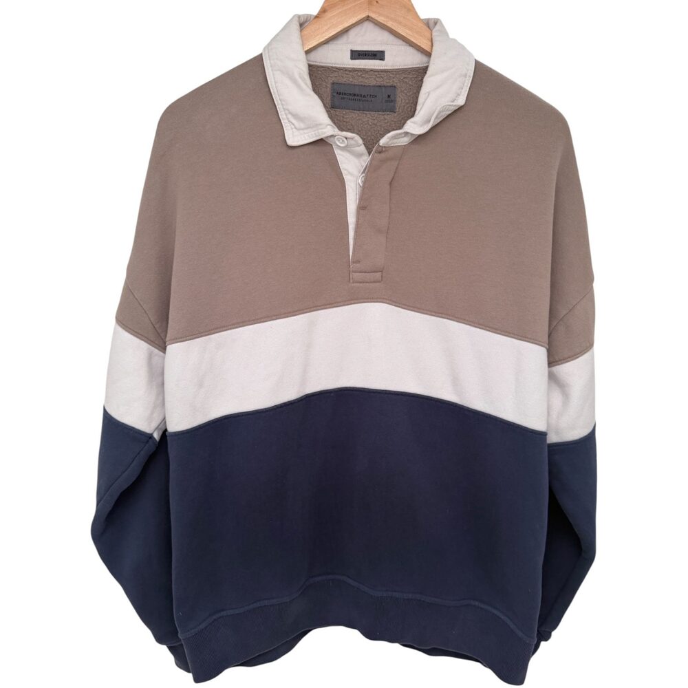 Abercrombie & Fitch Oversized Rugby Polo Sweatshirt Men's M Blue Brown, White